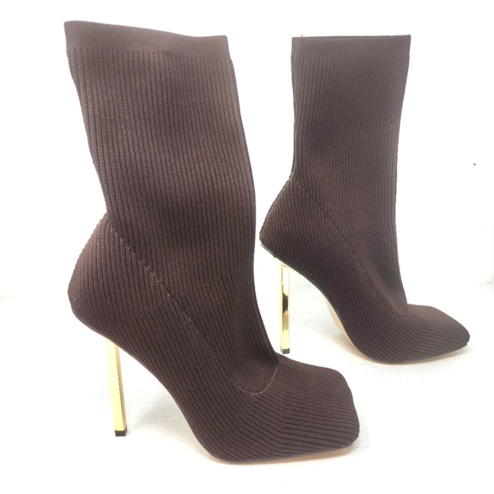 Public Desire Stiletto Sock Boots Chocolate Brown Gold Heels Ankle Size 5